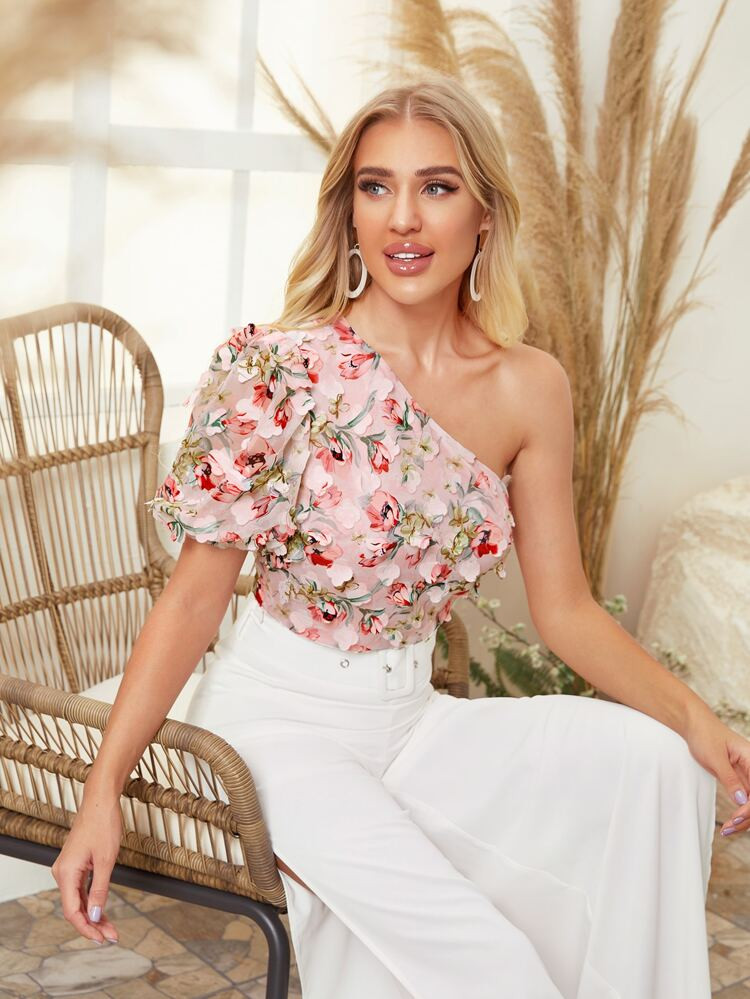 SHEIN One Shoulder 3D Applique Floral Top | SHEIN