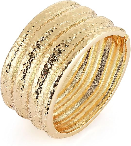 HZMAN 18K Gold Plated Wide Cuff Bracelet for Women - Premium Alloy Shiny Polished Double Layer St... | Amazon (US)