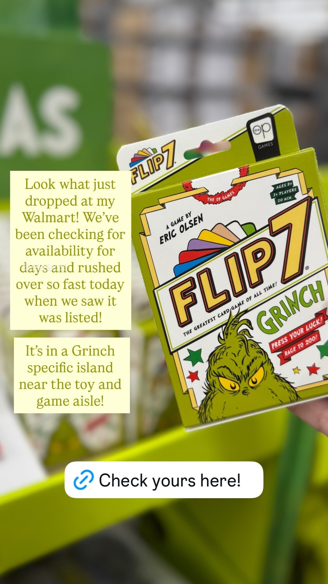 Look what just dropped at my Walmart! We’ve been checking for availability for days and rushed over so fast today when we saw it was listed!

It’s in a Grinch specific island near the toy and game aisle! @theopgames