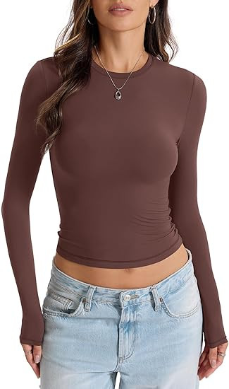 Womens Double Lined Long Sleeve Tops Crew Neck Fitted Basic T Shirts Crop Going Out Tops 2026 | Amazon (US)