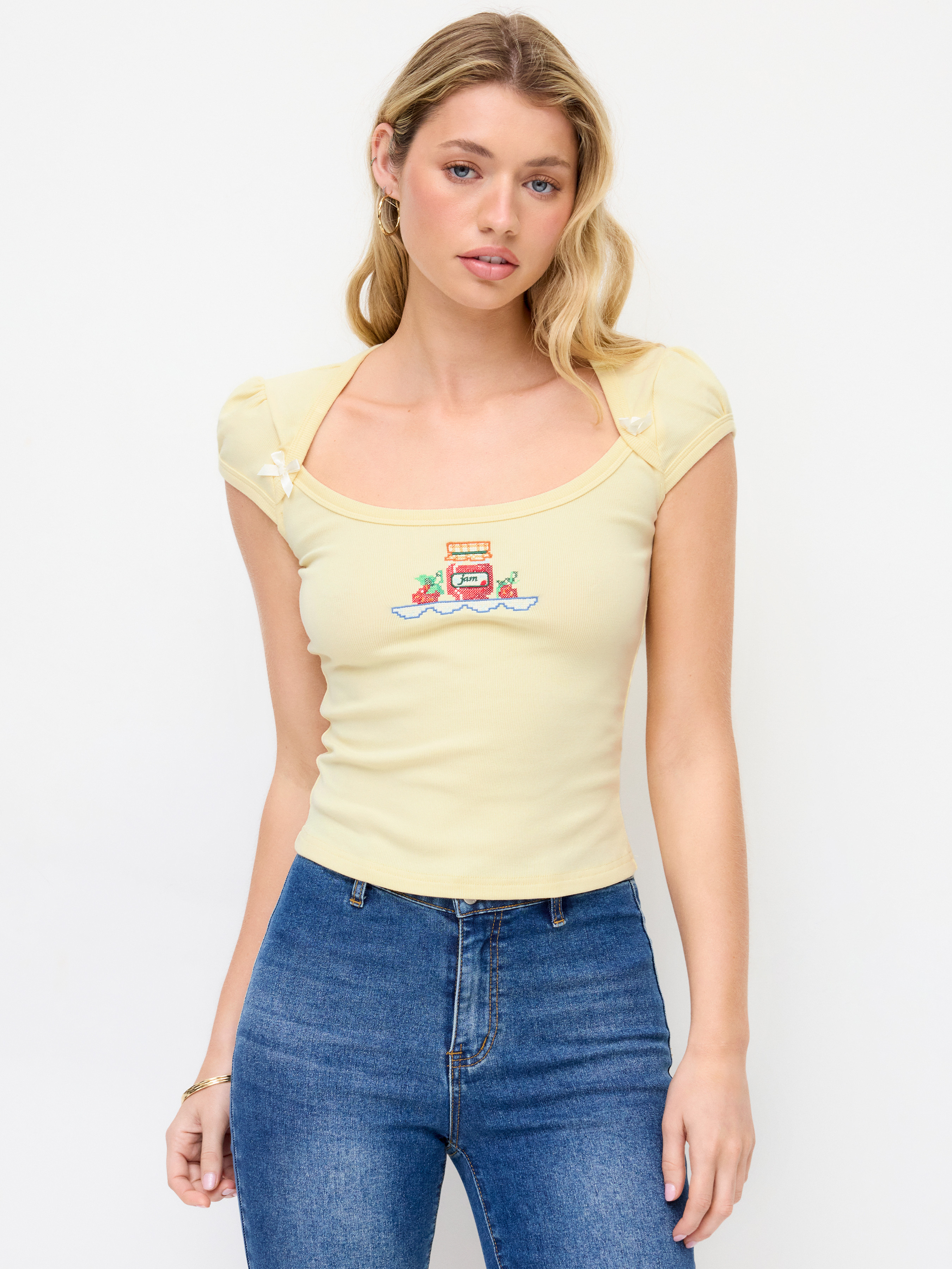 Jersey Cotton-blend Fruit Embroidery Bowknot Short Sleeve Tee For Daily Casual | Cider