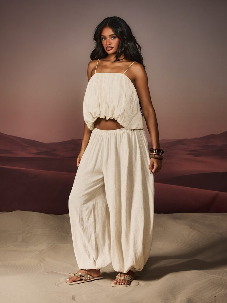 MISSGUIDED Linen Blend Bubble Crop Top And Harem Balloon Trousers Co-Ord Two-Piece Set Summer Fes... | SHEIN