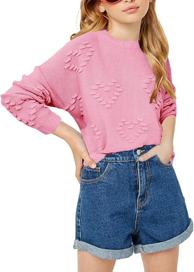 Haloumoning Girls Cute Heart Love Print Sweater Tops Oversized Crew Neck Dot Ball Knitted Valenti... | Amazon (US)