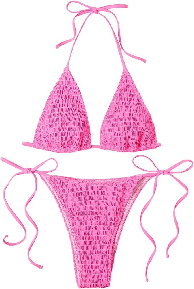 SweatyRocks Women's Halter Neck Tie Side Bikini Swimsuits 2 Piece Triangle Bathing Suit Hot Pink ... | Amazon (US)