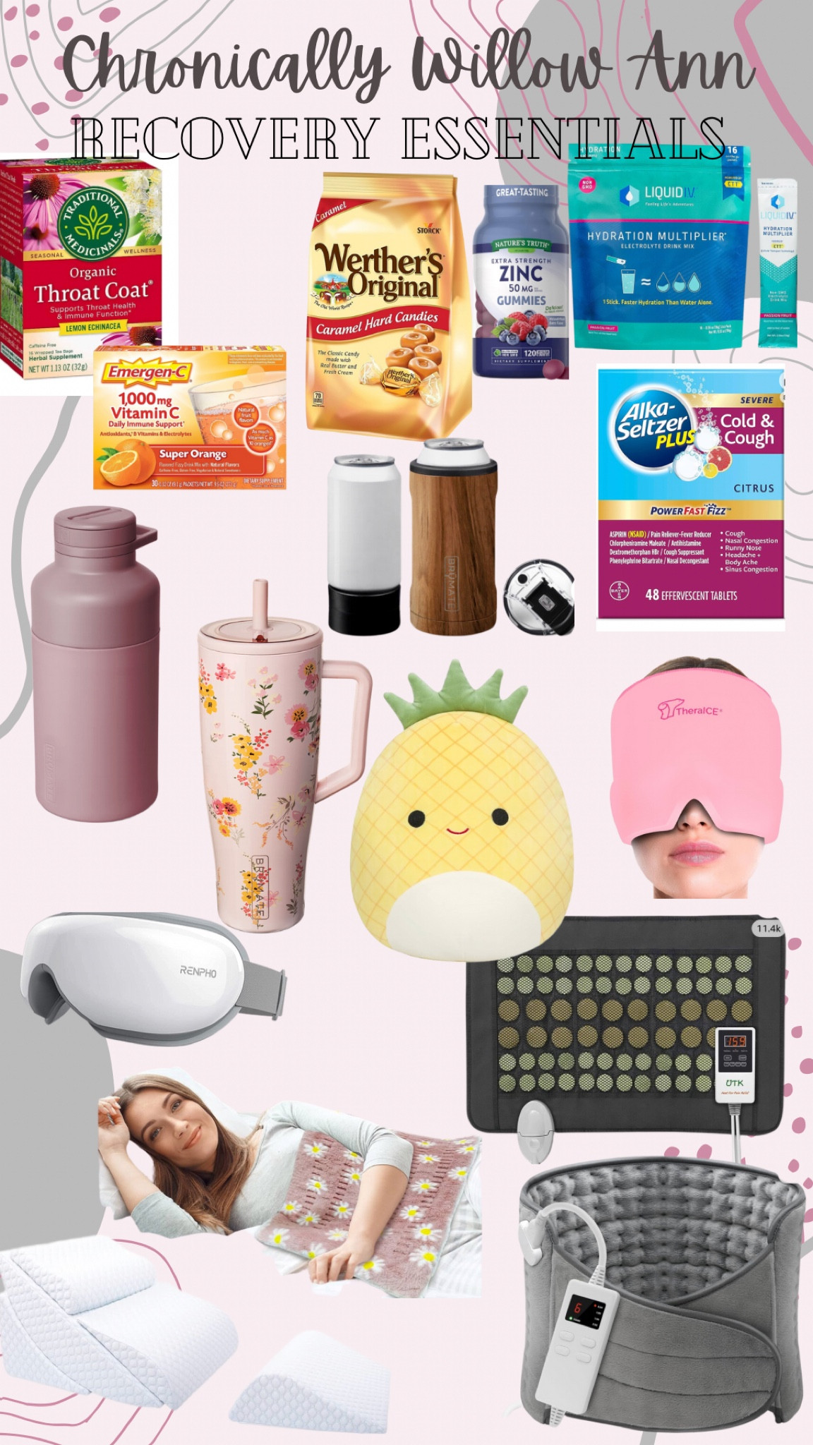 Sick essentials. If you are fighting any kind of head cold or virus.. or just chronic illnesses like I am than this list is for you. Everything on here has been a lifesaver more than once for me. From cups that don’t spill & keep things cold or warm for hours on end, to various heating pads and ice packs, the list goes on. This is a great gift list for anyone in your life who suffers with pain. Gifts for aunts, gifts for parents, gifts for grandparents, gifts for her, gifts for nieces. Great for cramps, migraines, or just staying hydrated. 

#LTKfindsunder100 #LTKfamily #LTKGiftGuide