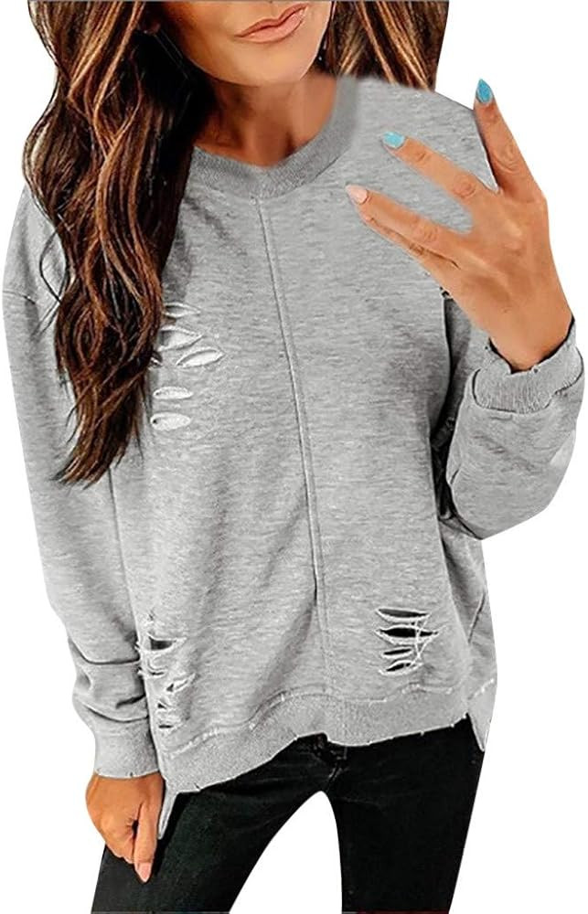 Long Sleeve Tee Blouse Women, Amiley Women Broken Hole Crewneck Fashion Autumn Long Sleeve T Shir... | Amazon (US)
