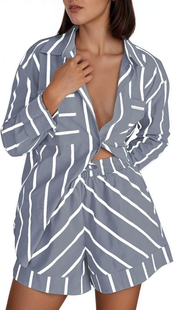 Tankaneo Womens Striped 2 Piece Outfits Button Down Shirts and Shorts Lounge Matching Sets | Amazon (US)