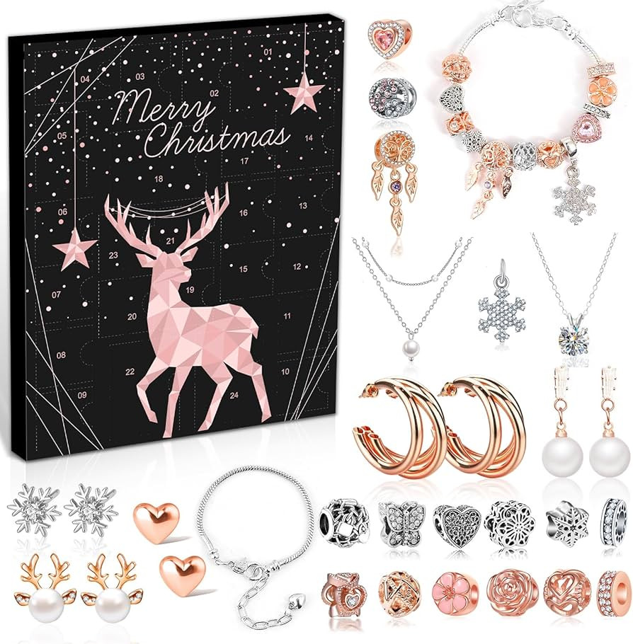 Jewelry Advent Calendar 2024 Teen Girls Women, Rose Gold and Silver Charm Bracelet Countdown Cale... | Amazon (US)