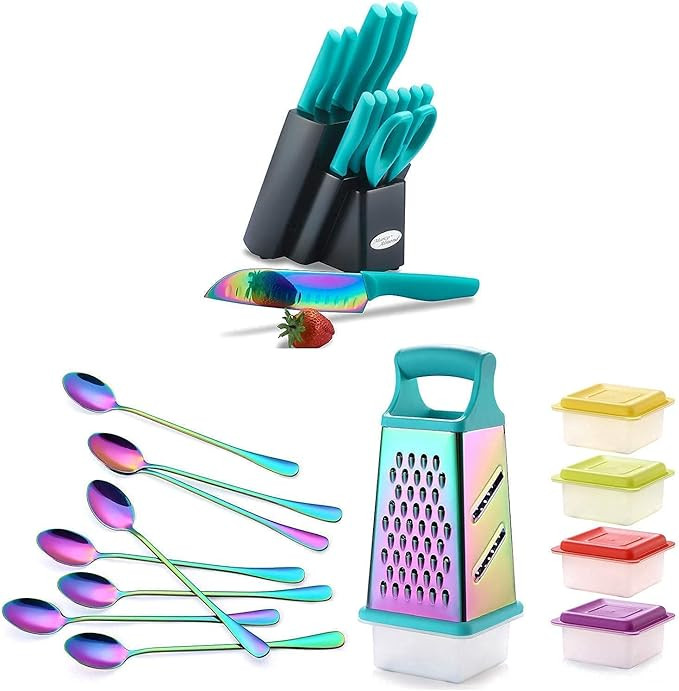 Marco Almond KYA27 Kitchen Knives Set with Wooden Block+KYA57 Professional Rainbow Titanium Box G... | Amazon (US)