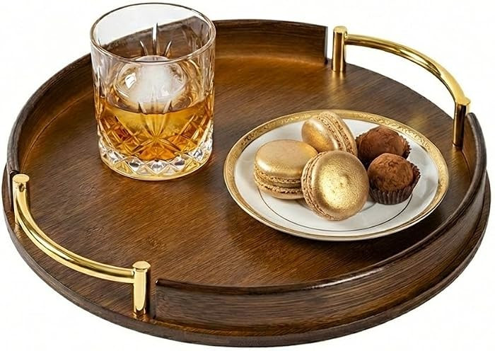 Bandeja redonda de bamb\u00fa de 12 pulgadas con asas, bandeja de mesa auxiliar de madera marr\u0... | Amazon (US)