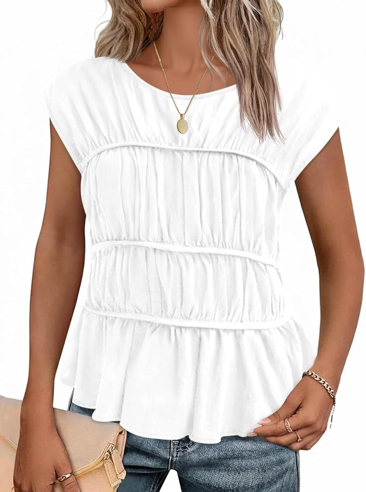 Cicy Bell Womens Cap Sleeve Peplum Tank Tops Summer Babydoll Smocked Cotton Shirts Casual Crew Ne... | Amazon (US)