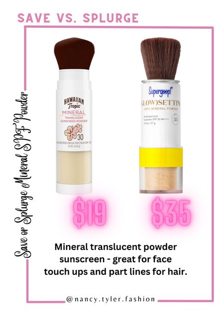 Save vs splurge translucent mineral powder sunscreen. Great for hair parts or face touch ups. (I use mine on my nose a lot.) The more affordable option does work just as great in my opinion! ☀️

#LTKTravel #LTKActive #LTKSeasonal