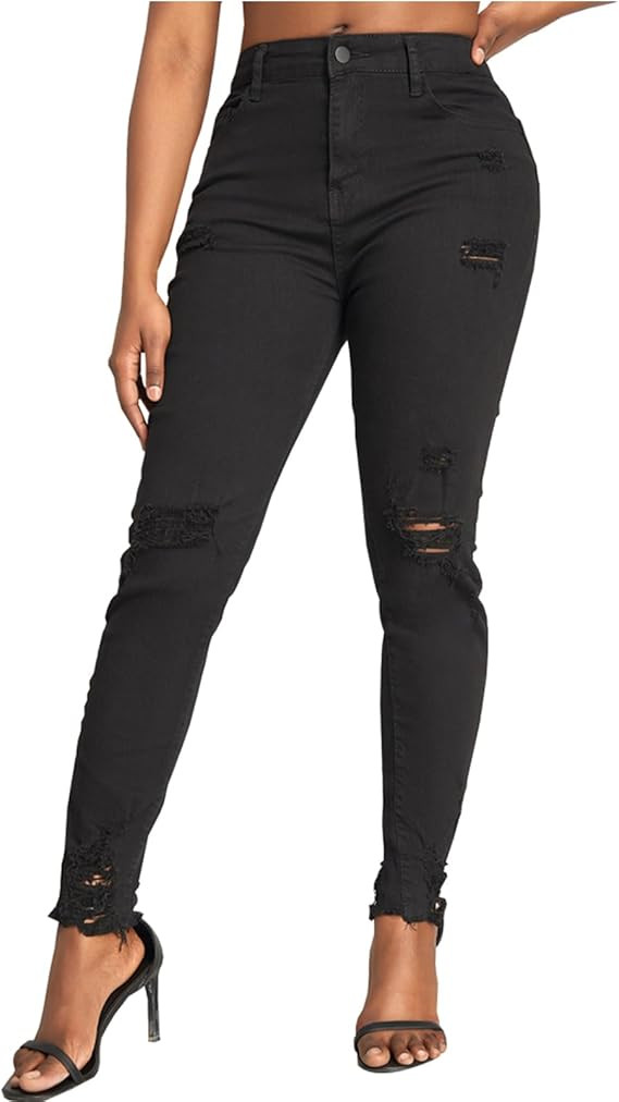 SheKiss Boyfriend Stretchy Jeans for Women - Distressed Frayed High Waisted Trendy Denim Blue Jea... | Amazon (US)
