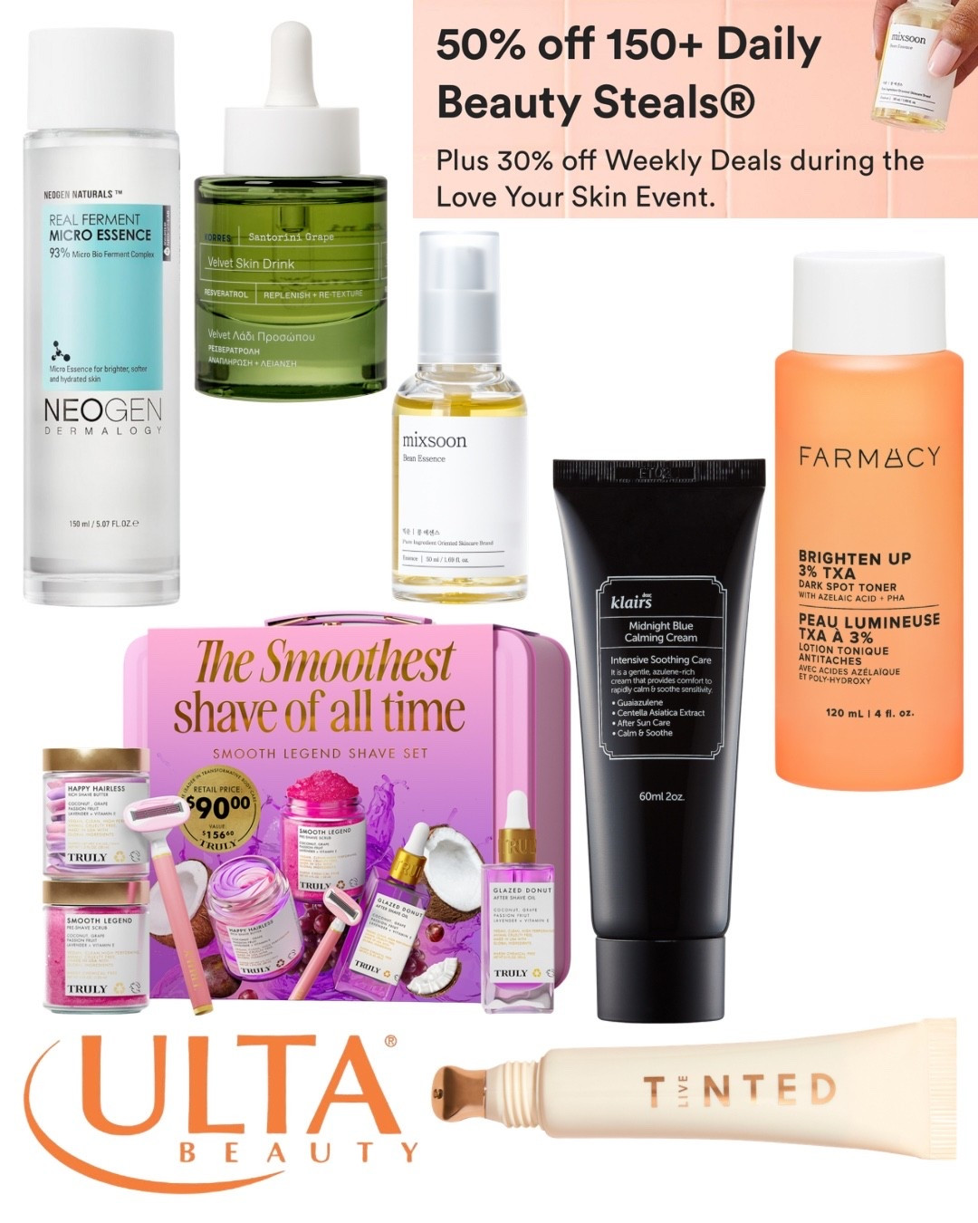 Viral skincare and body care finds in today’s steals from Ulta’s Love Your Skin Event 💖🧡

#Skincare #Ulta #Skin #LoveYourSkinEvent #UltaBeauty #Mixsoon #Truly #LiveTinted #Tinted #Farmacy #Neogen #Korres #Klairs