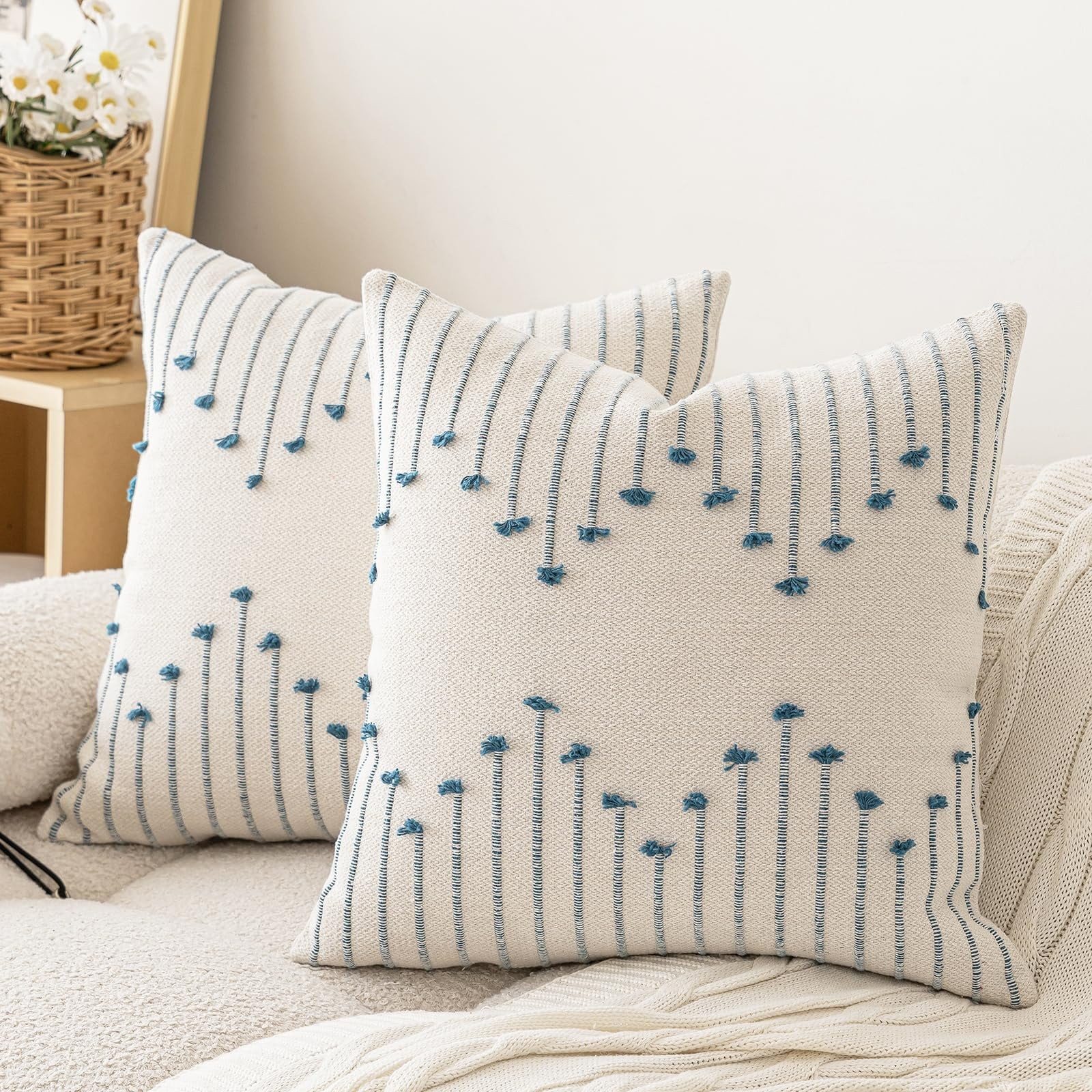 Set of 2 Neutral Woven Decorative Boho Throw Pillows for Couch Bed Home Decor, 18x18 inch, Blue -... | Walmart (US)