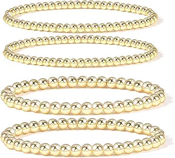 14K Gold Plated Bead Ball Bracelet Stretchable Elastic Gold Beaded Bracelets for Women | Amazon (US)