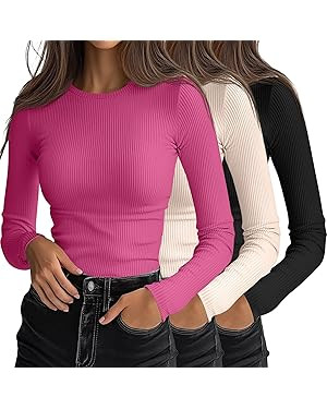 Ficerd 3 Pack Women's Ribbed Long Sleeve Tops, Crew Neck Slim Fit Undershirts Knit Basic Casual S... | Amazon (US)