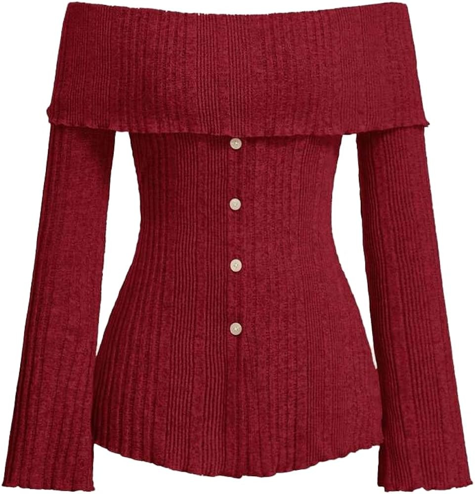 SKAYS Womens Off The Shoulder Long Sleeve Shirt Going Out Y2k Top Fall Ribbed Fitted Pullover But... | Amazon (US)