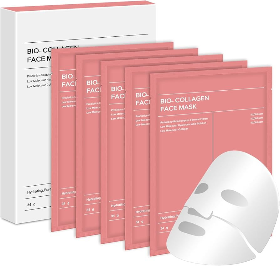 Bio Collagen Face Mask 5pcs, Hydrating Overnight Skincare Sheet Mask, Deep Moisturizing, Pore Min... | Amazon (UK)