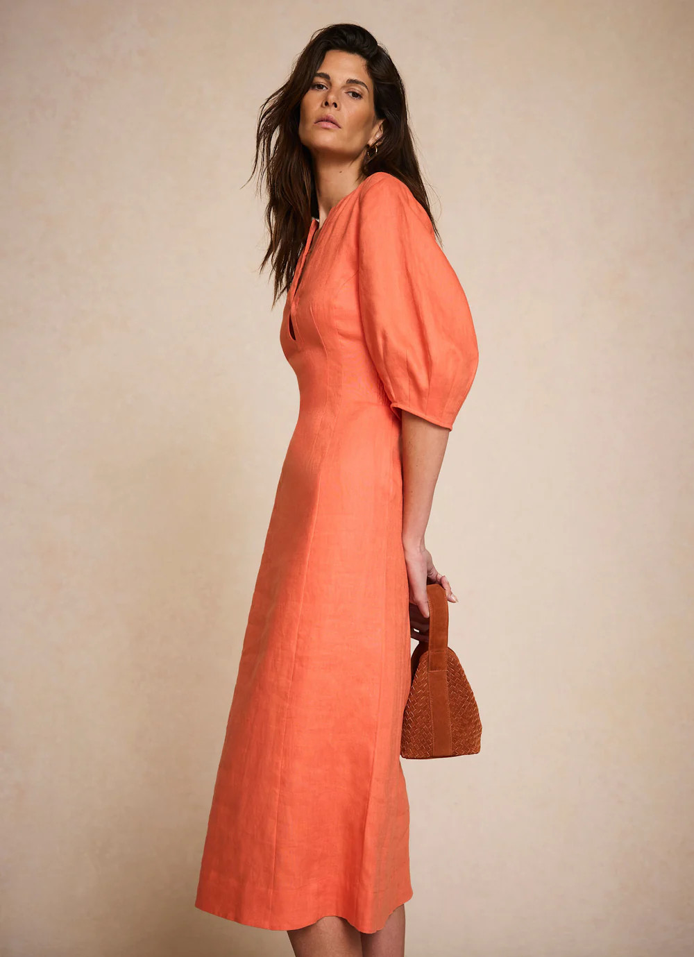 Orange Linen Puff Sleeve Midi Dress | Mint Velvet