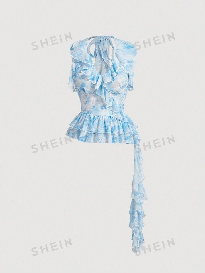 SHEIN MOD Summer Elegant Rose Printed Top With Ruffled Hem, Tie Back, And Halter Neck | SHEIN USA | SHEIN
