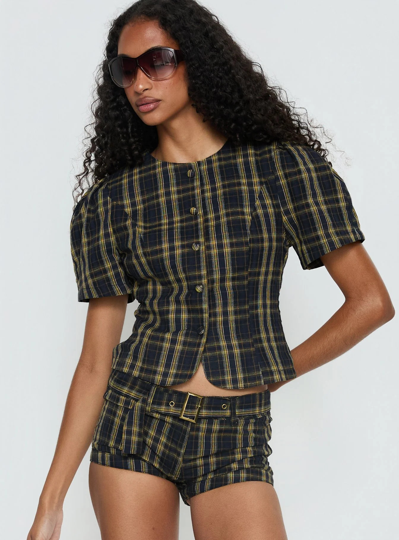 Femme Blouse Top Navy / Lemon Plaid | Princess Polly US