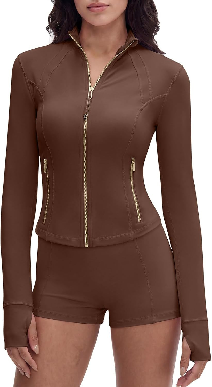 SUUKSESS Women Golden Zipper Lightweight Cropped Jackets with Thumb Holes | Amazon (US)