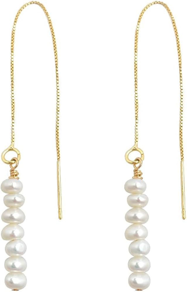 Freshwater Pearl Threader Earrings, Gold Box Chain Drop Dangle, Elegant Long Ear Thread Style | Amazon (US)
