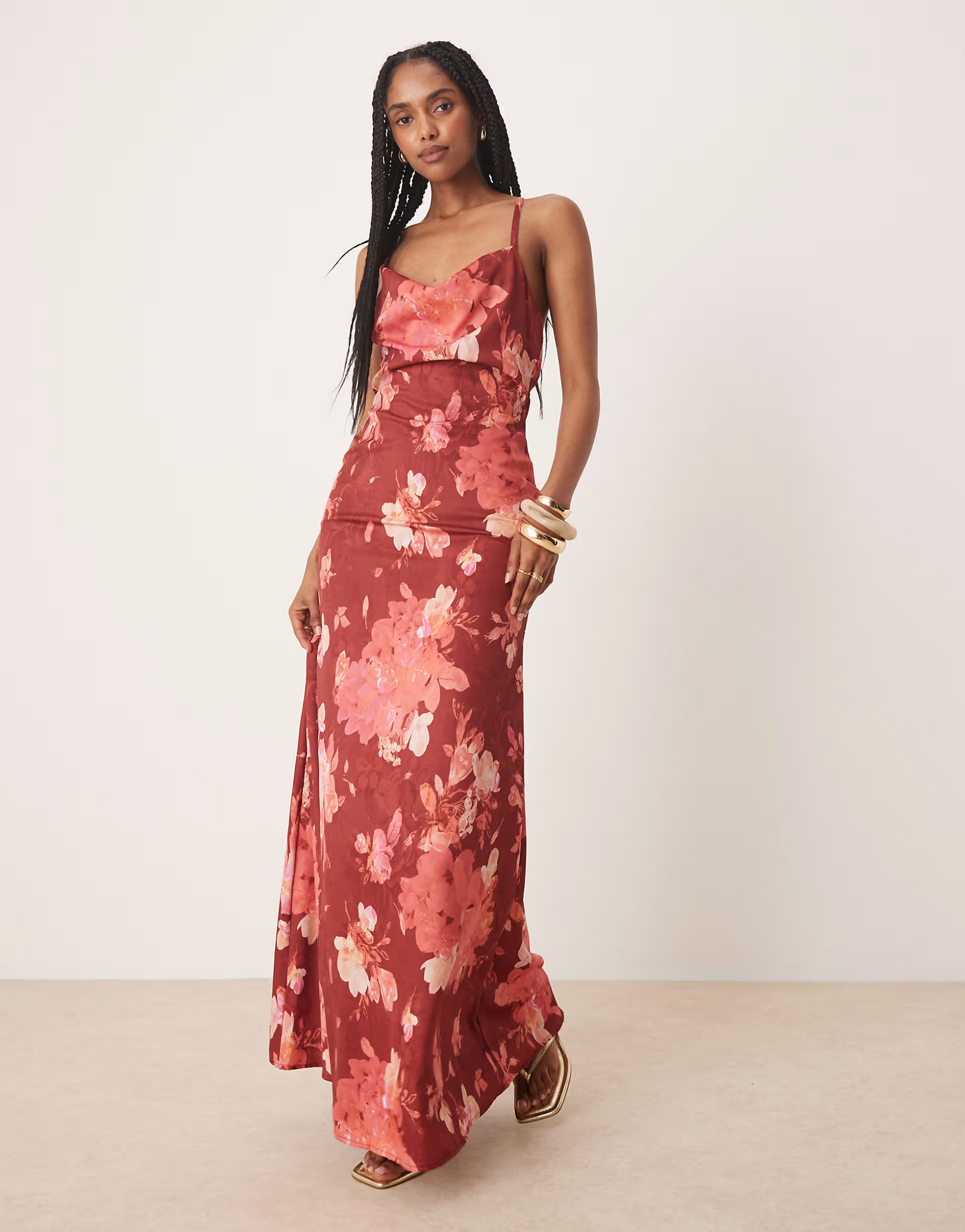 Lace & Beads cowl neck slip maxi dress in red rose floral | ASOS | ASOS (Global)