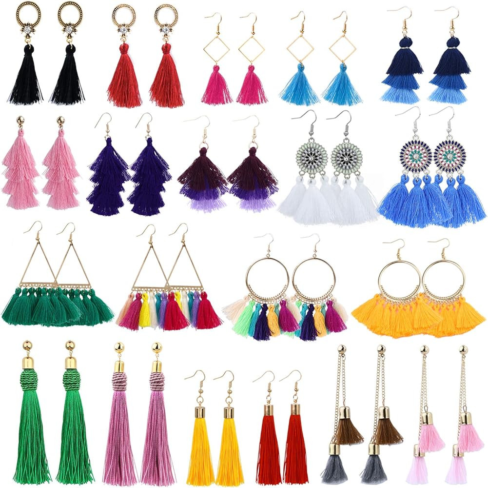 18-32 Pairs Tassel Earrings Set with Colorful Tassel Long Layered Dangle Hoop Tiered Thread Earri... | Amazon (US)