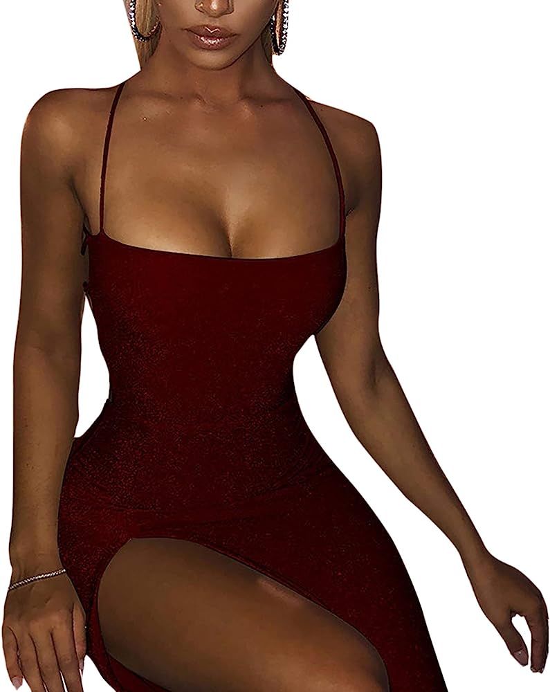Women's Sexy Glitter Spaghetti Strap Bodycon Lace Up Backless High Split Long Maxi Dress Party Ni... | Amazon (US)