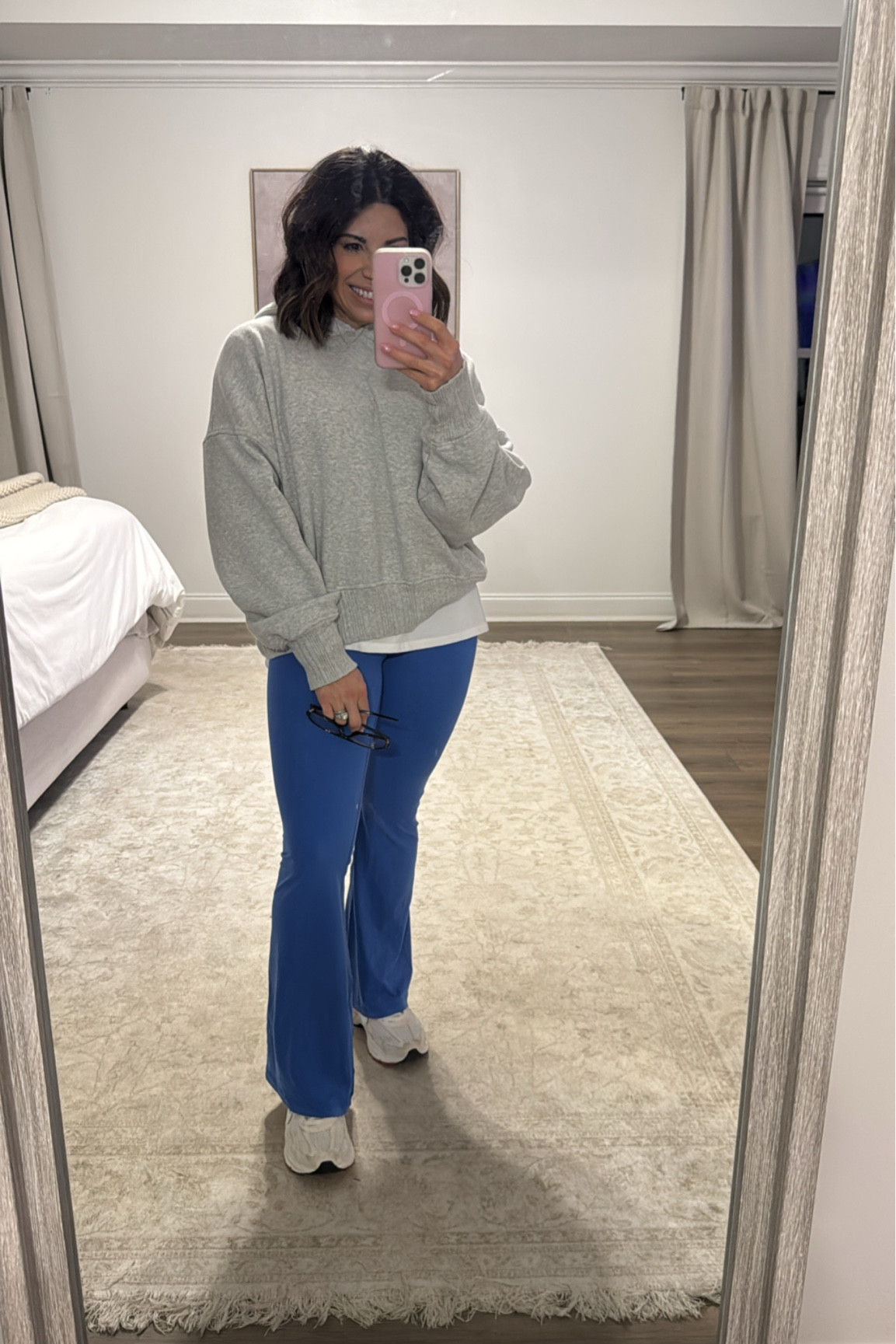 Loving these flare leggings and cropped hoodie from Aerie! Also love my Nike Zoom Vomeros! I sized way up in the hoodie because it’s cropped- I got a large. And I decided to size up in leggings to a medium and love them! Shoes- I always size up 1/2 a size up in Nike  