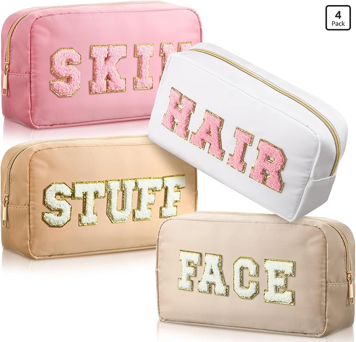 4 PCS Nylon Cosmetic Bags Waterproof Spacious Travel Makeup Organizer for Women Chenille Letter P... | Amazon (US)
