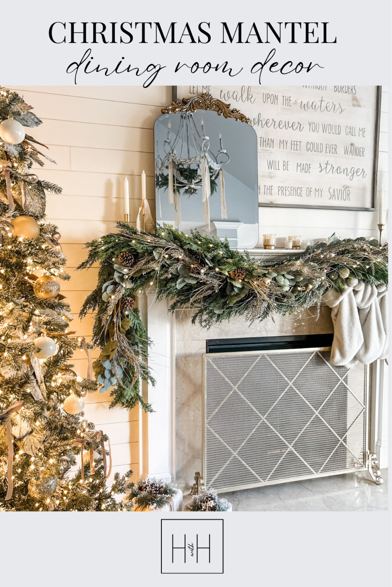 Christmas Mantel, Christmas tree, faux greenery, faux garland, eucalyptus garland, fire screen, fireplace decor, fireplace screen, flameless led real wax taper candles, gold beveled mirror.

#LTKhome #LTKSeasonal #LTKHoliday