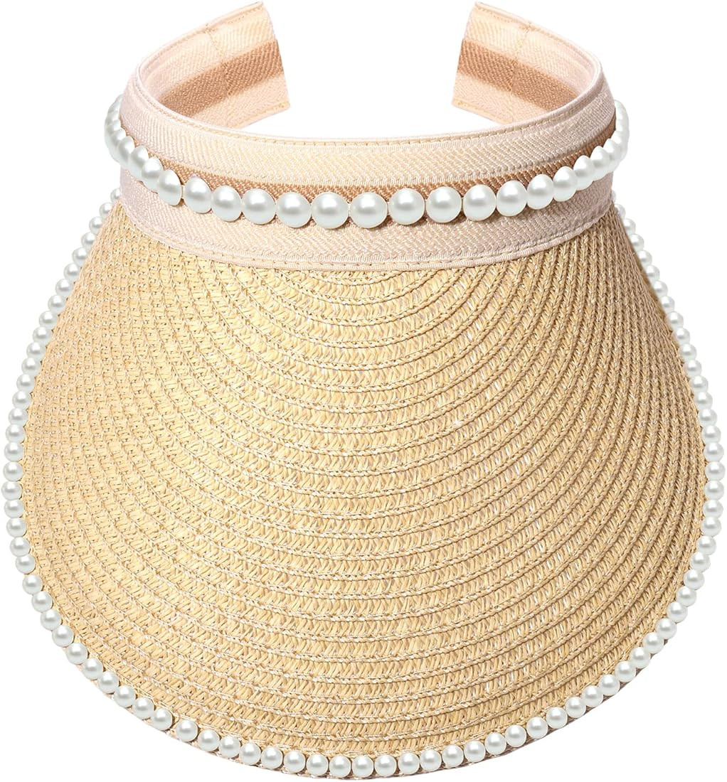 NLCAC Visors for Women Pearl Straw Visor Hat Summer Wide Brim Sun Protection Beach Hat Travel Acc... | Amazon (US)