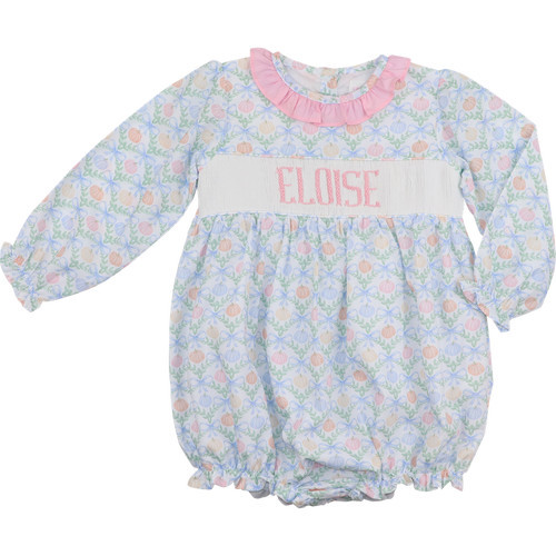 Pastel Pumpkin And Bow Custom Smocked Bubble | Cecil and Lou