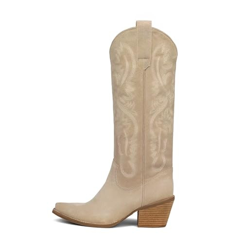 Erocalli Fall Knee High Boots Women Cowgirl Cowboy Western Chunky Block High Heel Tall Long Fashion Boot Side Zipper | Amazon (US)