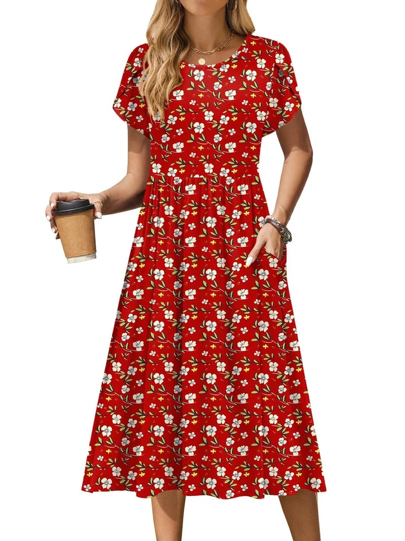 Zeagoo Floral Casual Dresses Modest Tshirt Dress Aline Midi Dress Floral Boho Sundress with Pocke... | Walmart (US)