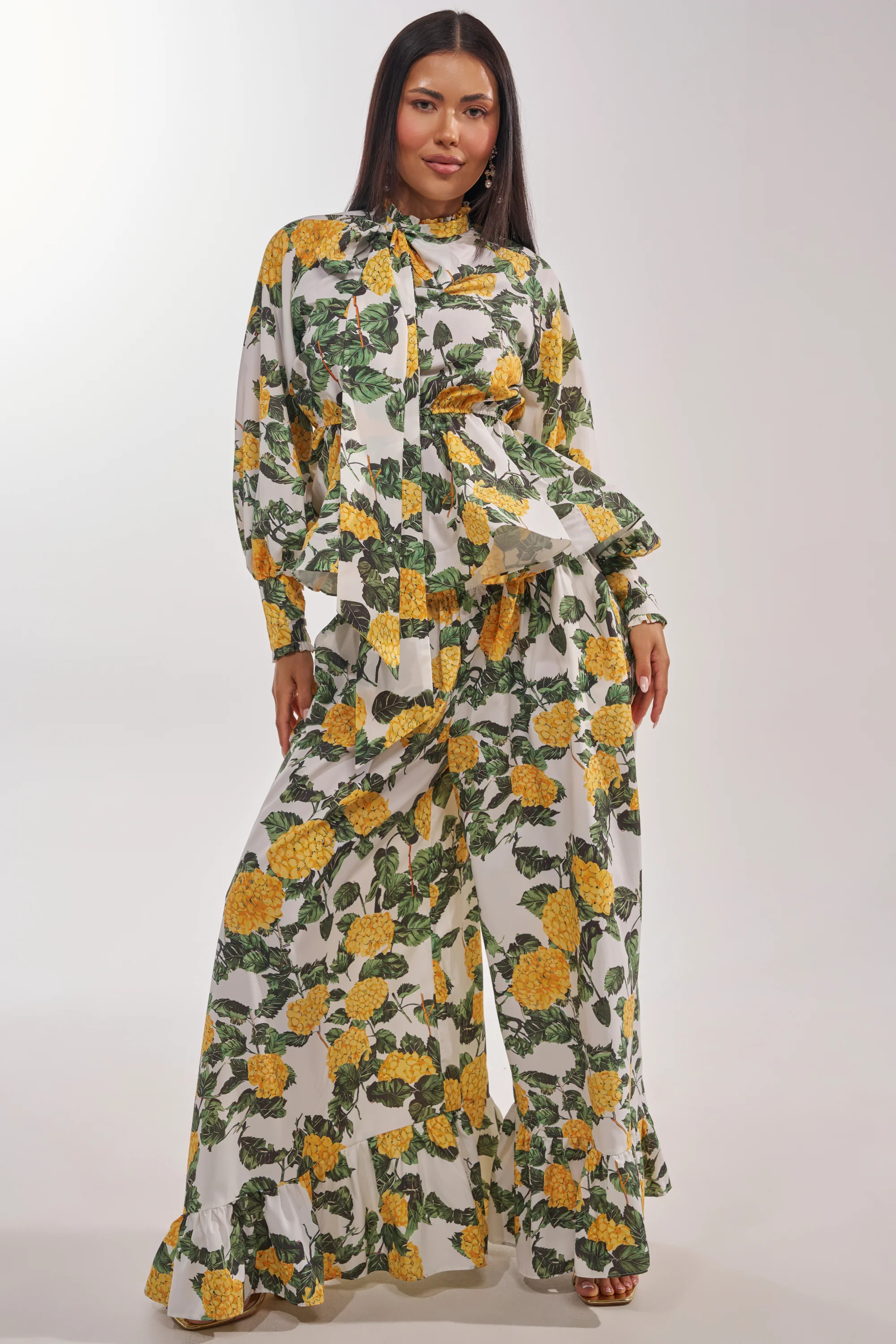 JULIE FLORAL WIDE LEG RUFFLE PANT | AKIRA