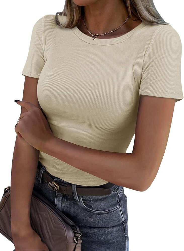 Roselux Women Crew Neck Ribbed Fitted Tight Tshirt Short Sleeve Shirt Basic Knit Top | Amazon (US)