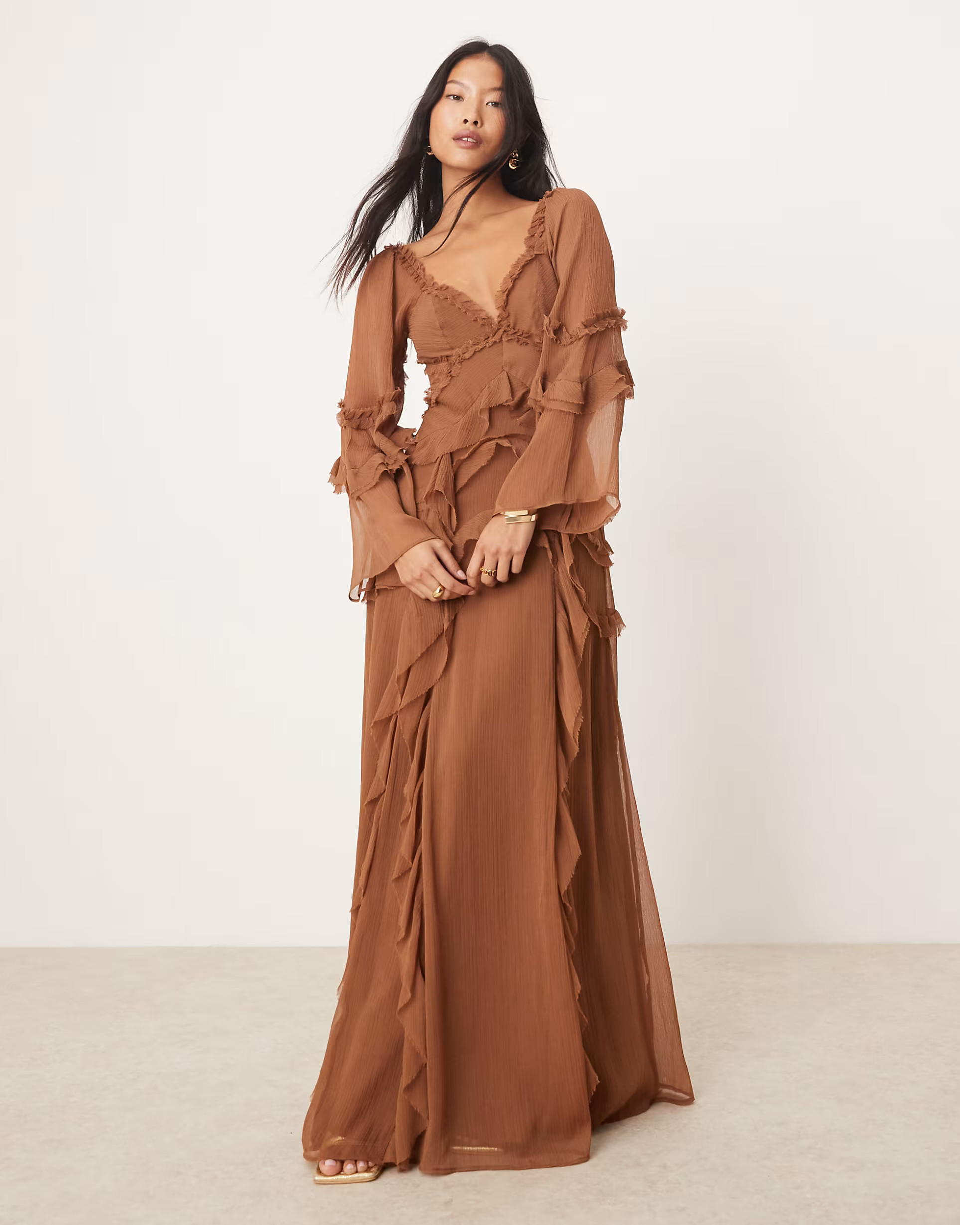 ASOS DESIGN Petite ruffle V-neck long sleeve maxi dress in brown | ASOS (Global)