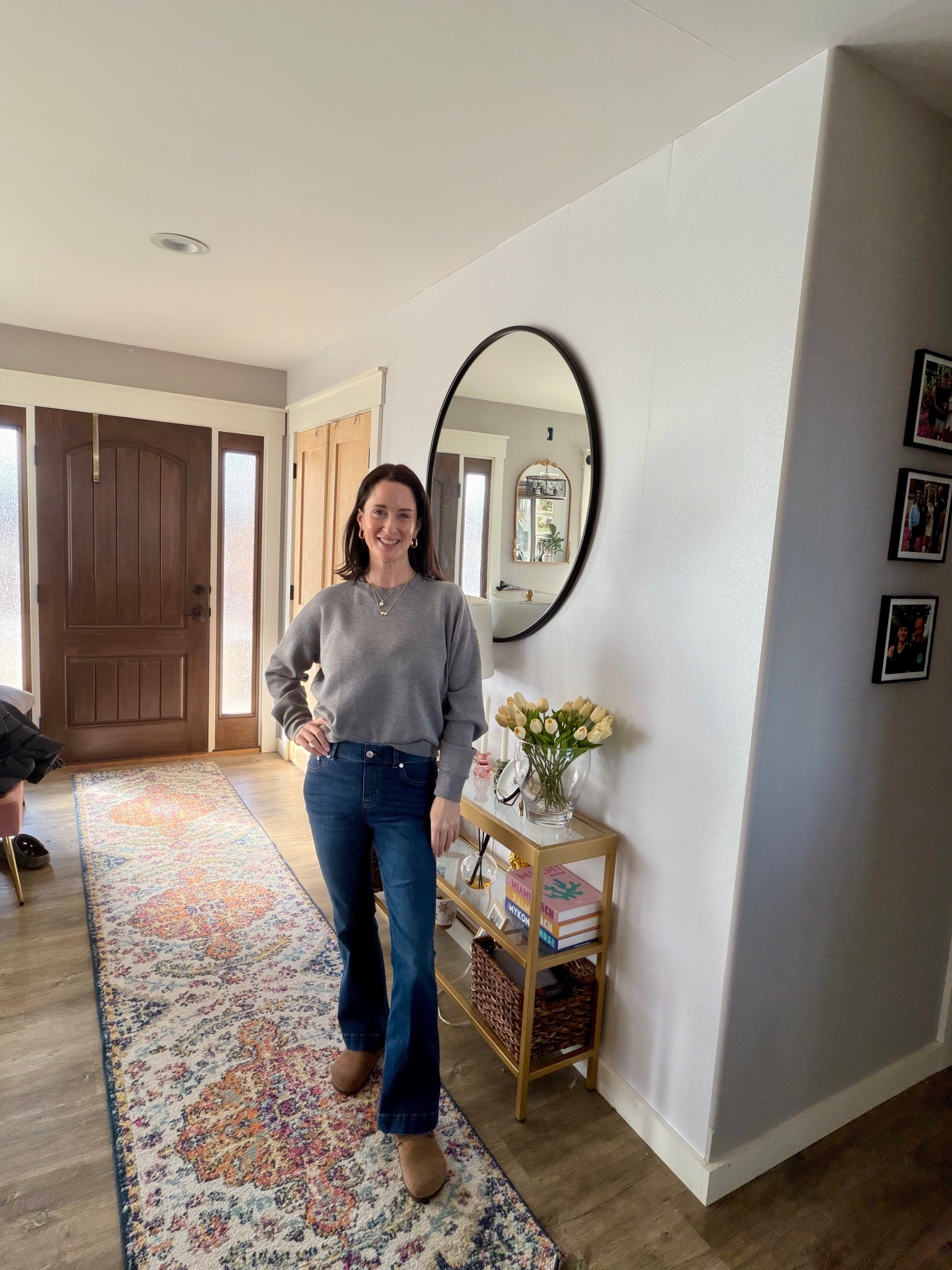 What I’m wearing today!
Crewneck SPANX AirEssentials Top
SPANX Pull On Flare Jeans
Quince Cashmere Socks
Amazon Clogs (my Birkenstock dupes)
Linny Co earrings 
My freedom set necklace paired with my M for Maggie necklace that I received as a gift!
Topped off with my quick five minute glow on my face! 

#LTKootd #LTKOver40