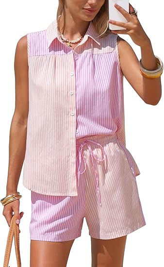 EXLURA Women's Summer 2 Piece Outfits Cotton Sleeveless Button Down Shirts Matching Shorts Sets C... | Amazon (US)