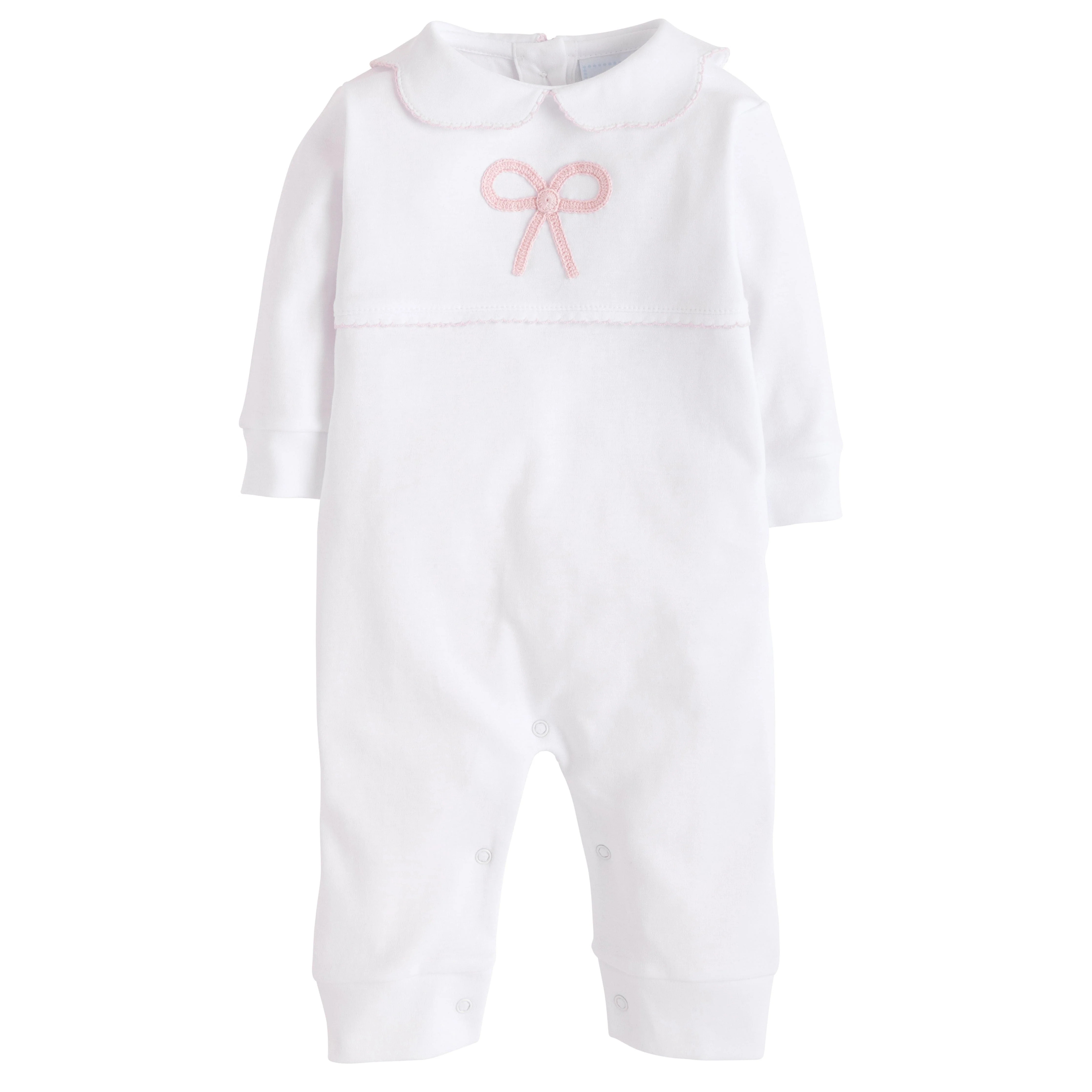 Baby Girl's Crochet Playsuit with Pink Bow | Little English