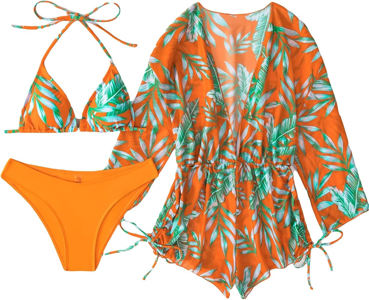 SHENHE Women's 3 Piece Swimsuit Leaf Print Orange Bikini Set Orange Swimsuit Orange Bathing Suit | Amazon (US)
