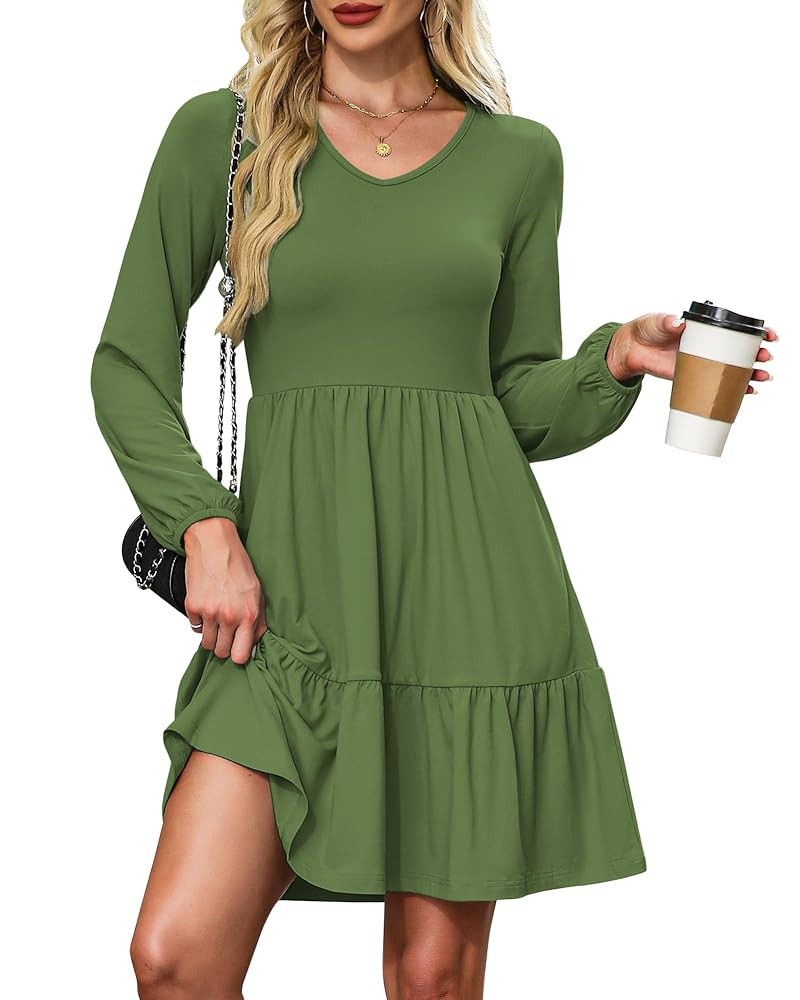 AUSELILY Womens Long Sleeve Dress 2025 Fall Casual V Neck Tiered Swing Flowy A-line Mini Short Dr... | Amazon (US)