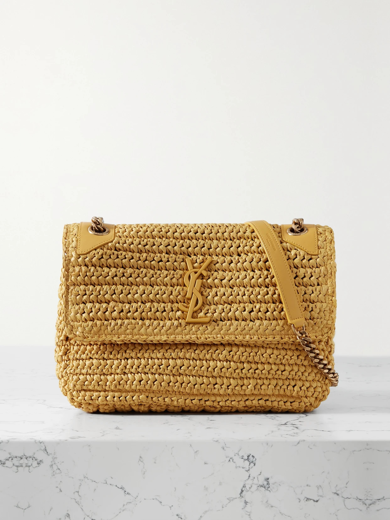SAINT LAURENT - Niki Medium Leather-trimmed Raffia Shoulder Bag - Yellow | NET-A-PORTER (US)