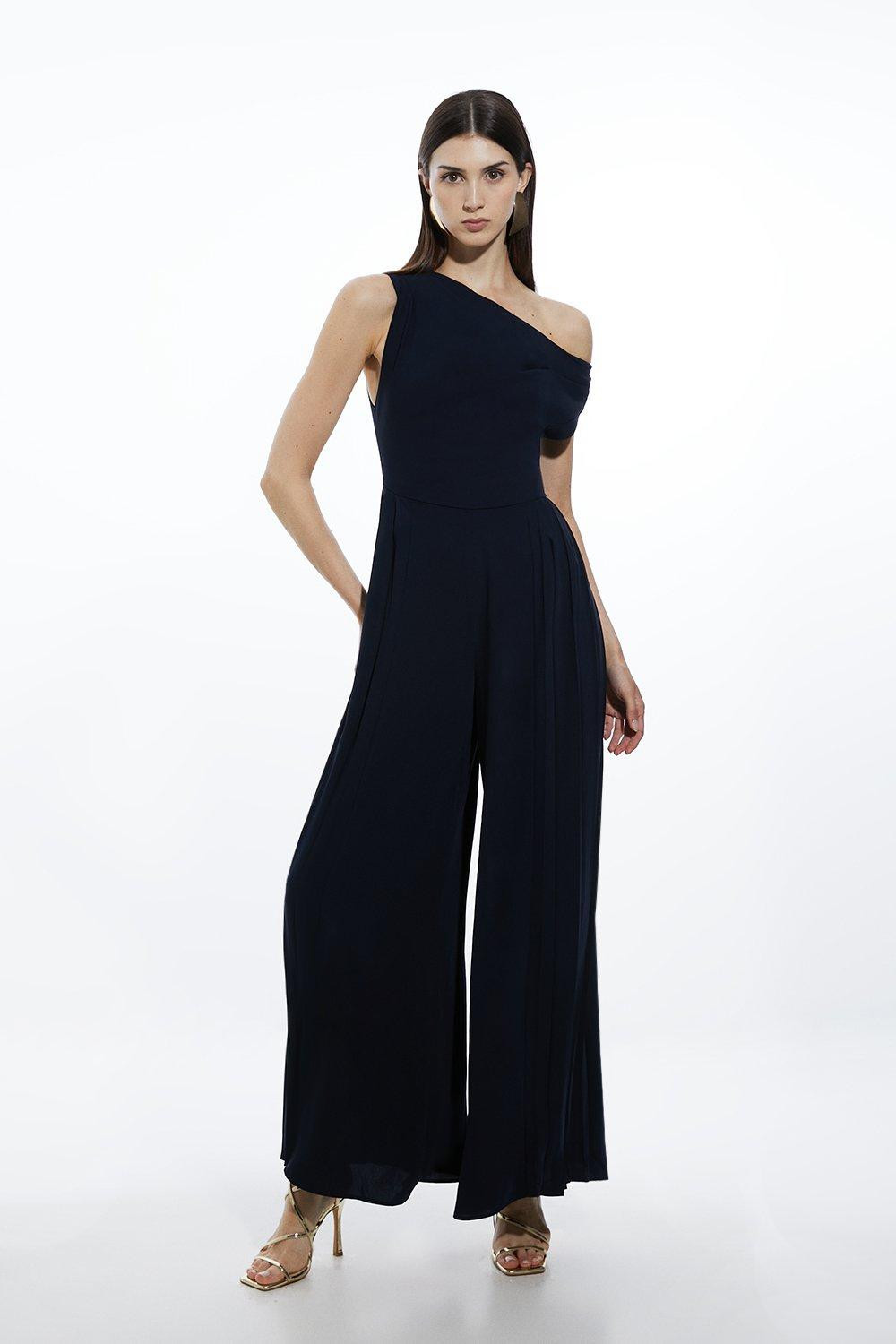 Structured Crepe Drop Shoulder Pleated Panel Jumpsuit | Karen Millen UK + IE + DE + NL