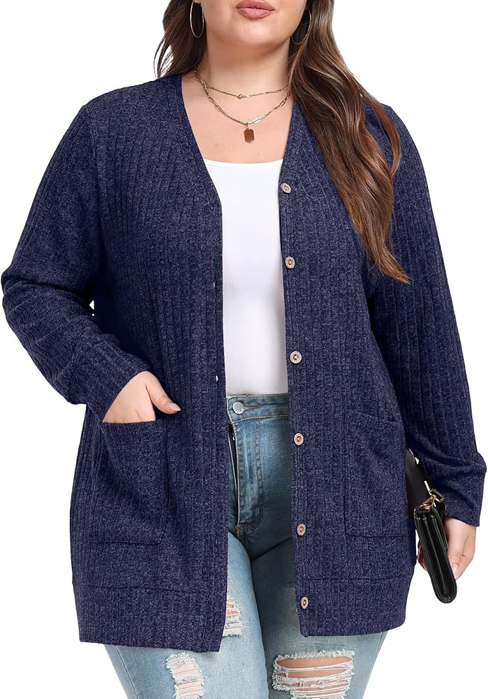 OLRIK Women Plus Size Cardigan Open Front Button Down Sweater Lightweight Jacket with Pockets Fal... | Amazon (US)
