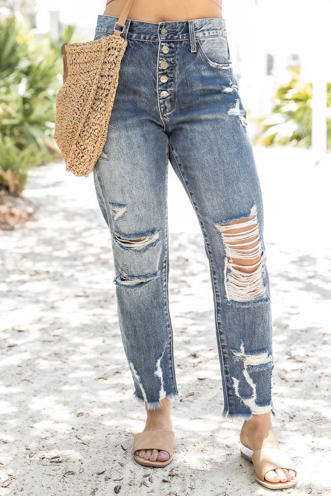 Billie Medium Wash Button Fly Distressed High Rise Mom Jeans | Pink Lily